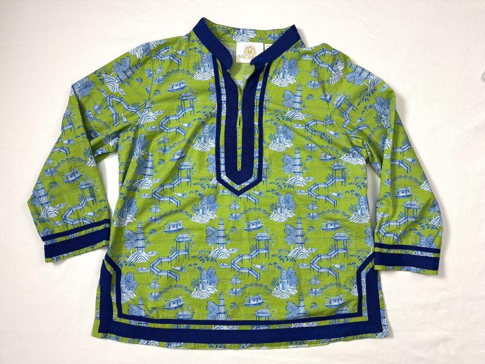 Nicoblu Capri Tunic Green Blue Pagoda Toile Coastal Preppy PXL